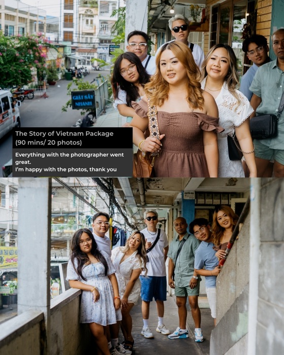 Group of friends posing together during a Vietnam photo walk