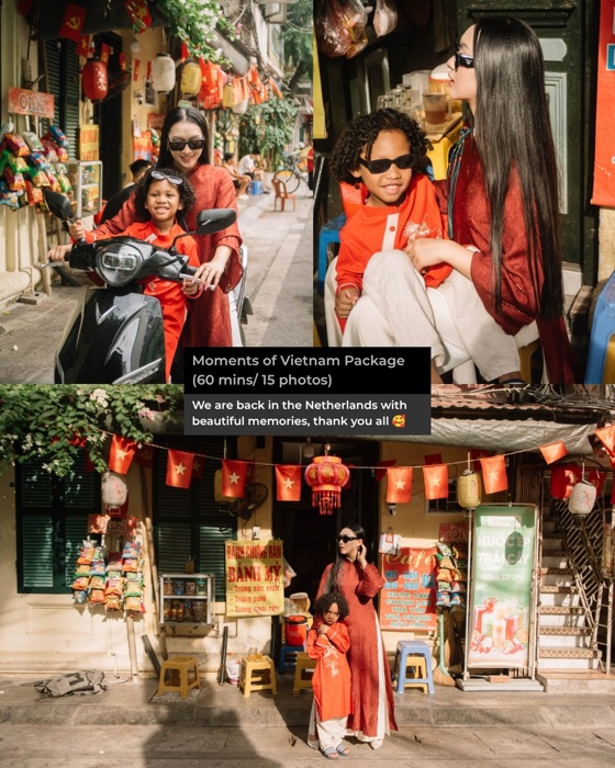 Mother and child in traditional red Ao Dai on a motorbike in Hanoi