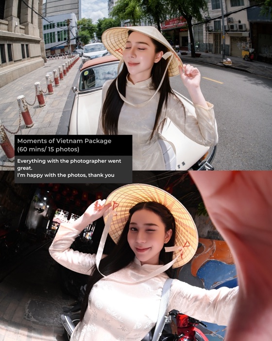 Woman wearing a conical hat posing on a Hanoi street