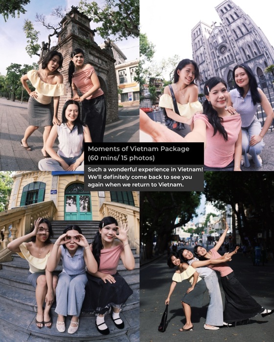 Three friends posing in front of Hanoi landmarks