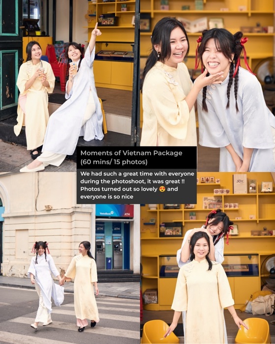 Two friends in yellow and white Ao Dai laughing together